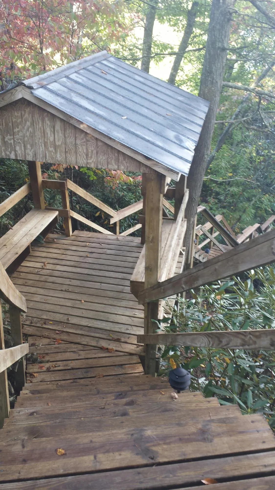Metal roofed shelter over wooden steps on a wooded walkway — Skylight Repair & Installation work by our crew in Guerneville
